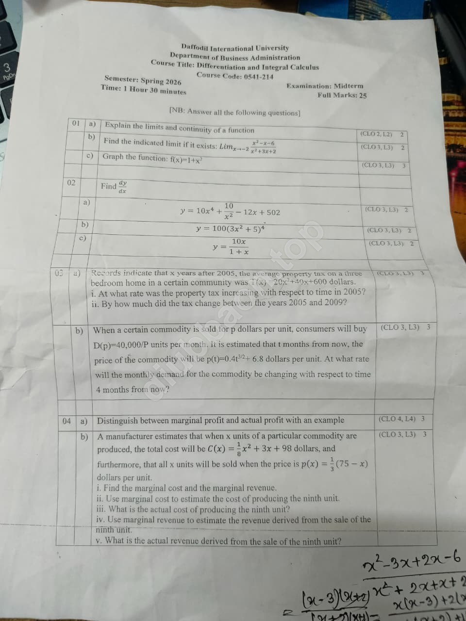 Differential and Integral Calculus (Mid_spring2026)
