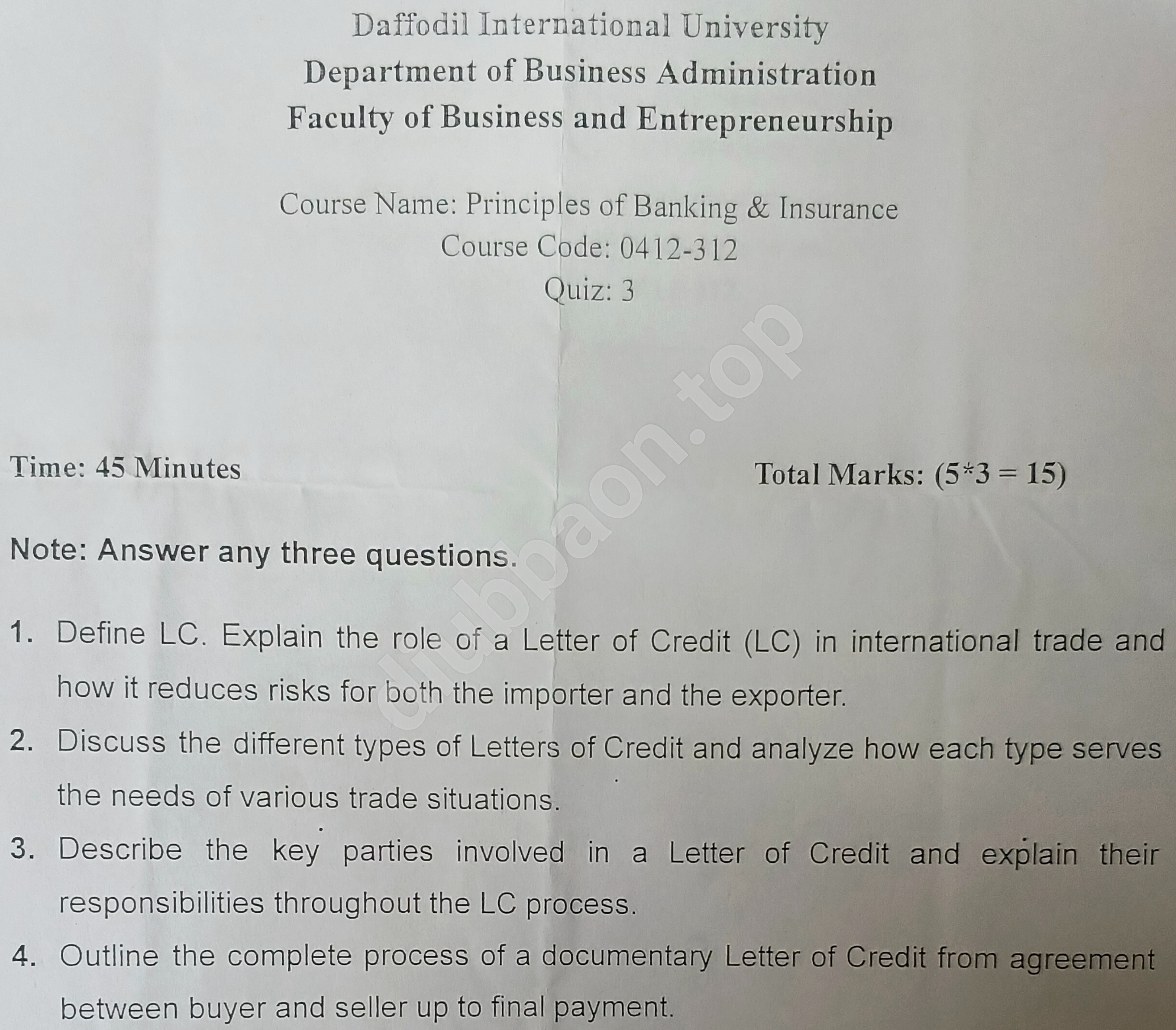 Principles of Banking and Insurance – Fall 2025 – Quiz — page 2