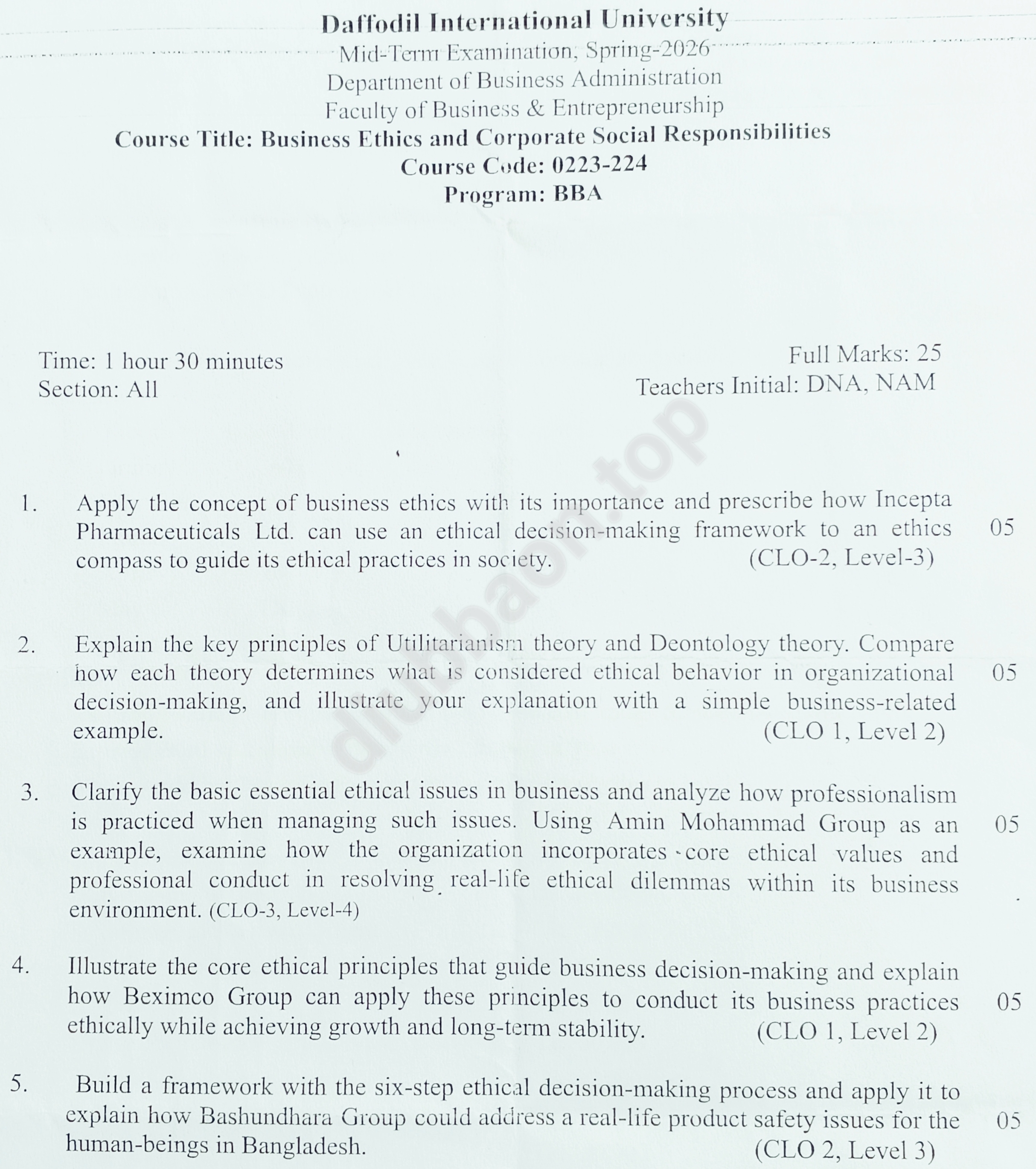 Business Ethics and Corporate Social Responsibilities – Spring 2026 – Midterm