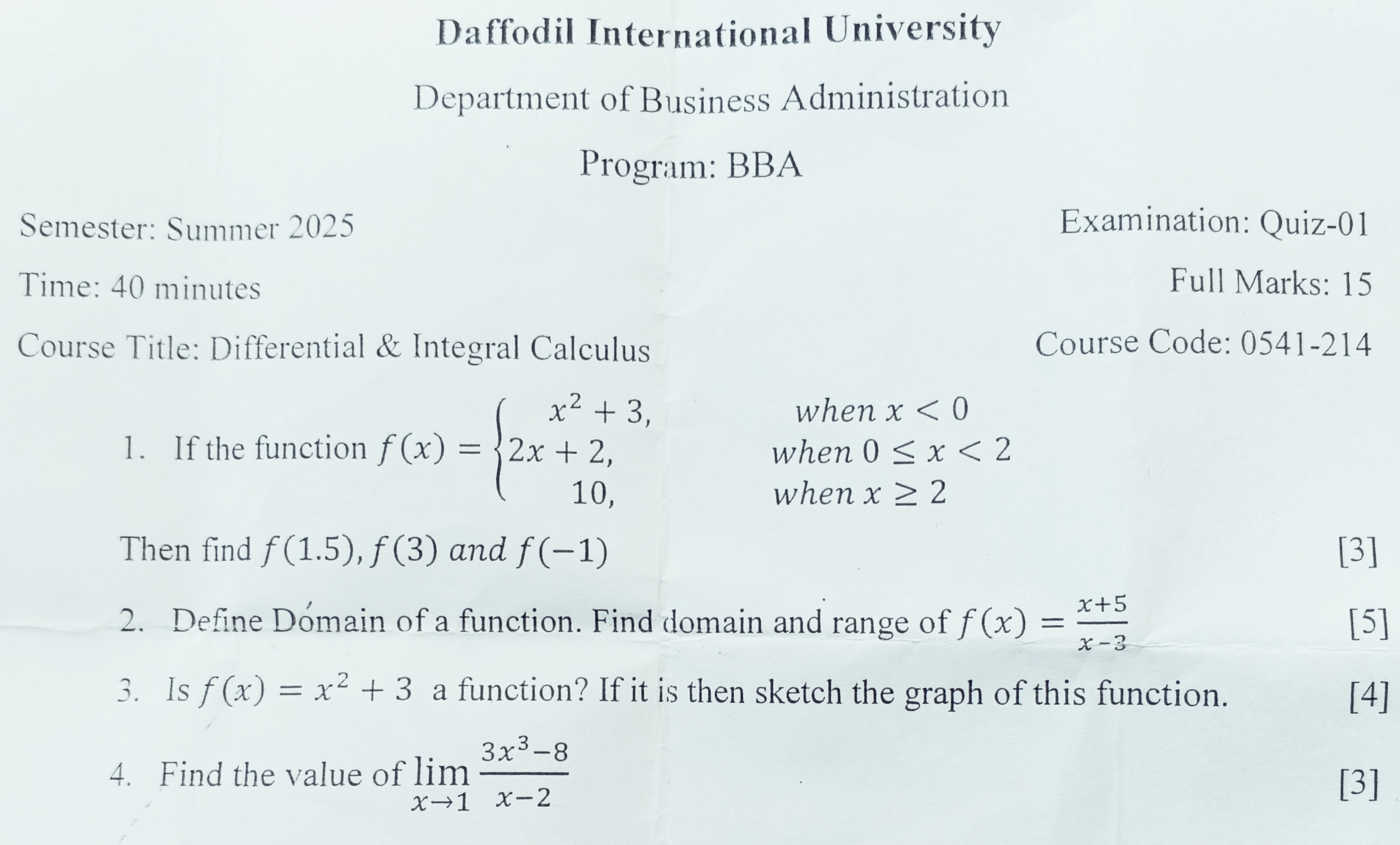 Differential and Integral Calculus – Summer 2025 – Quiz
