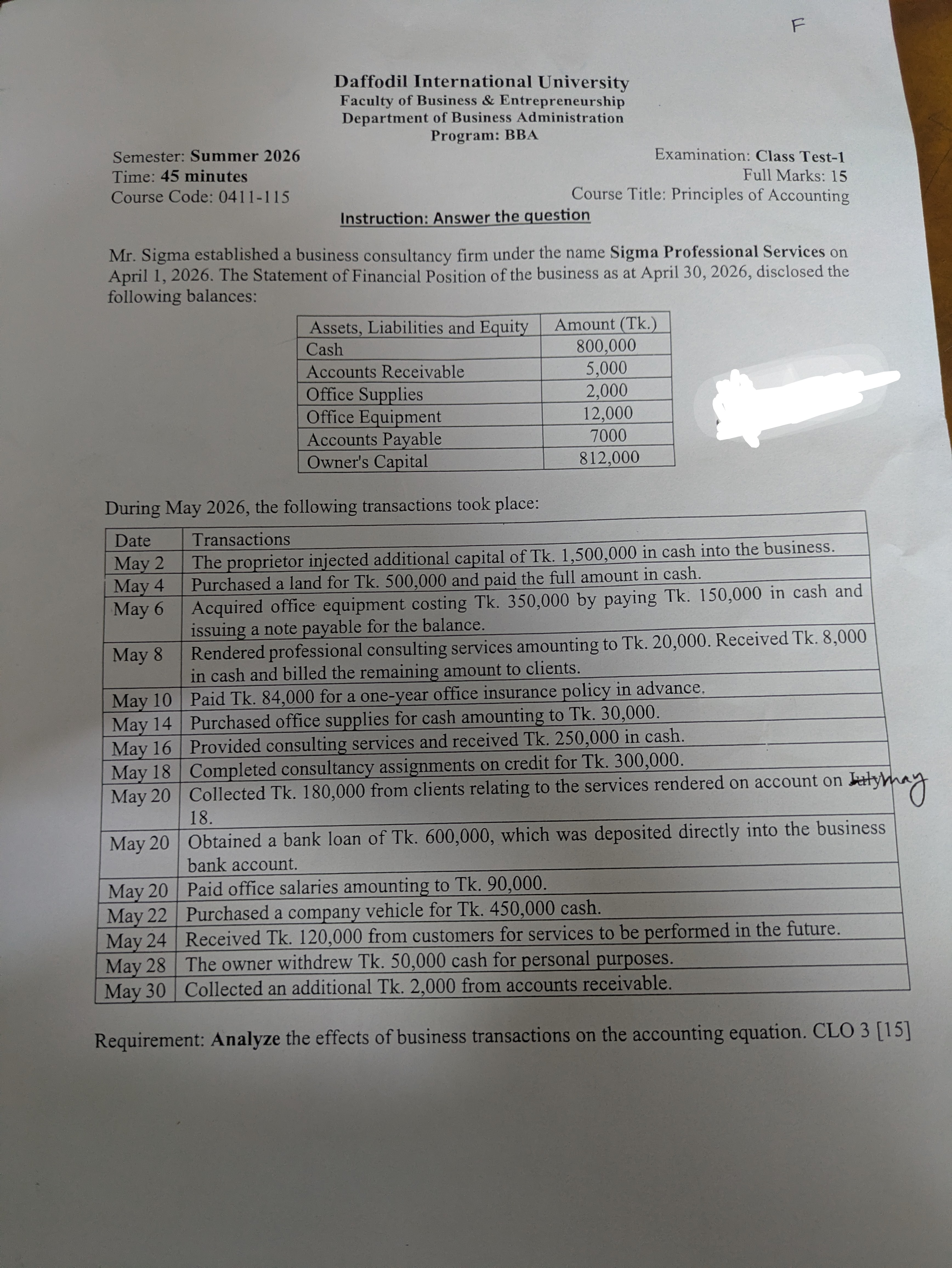 Principal of Accounting Quiz question paper chapter 1