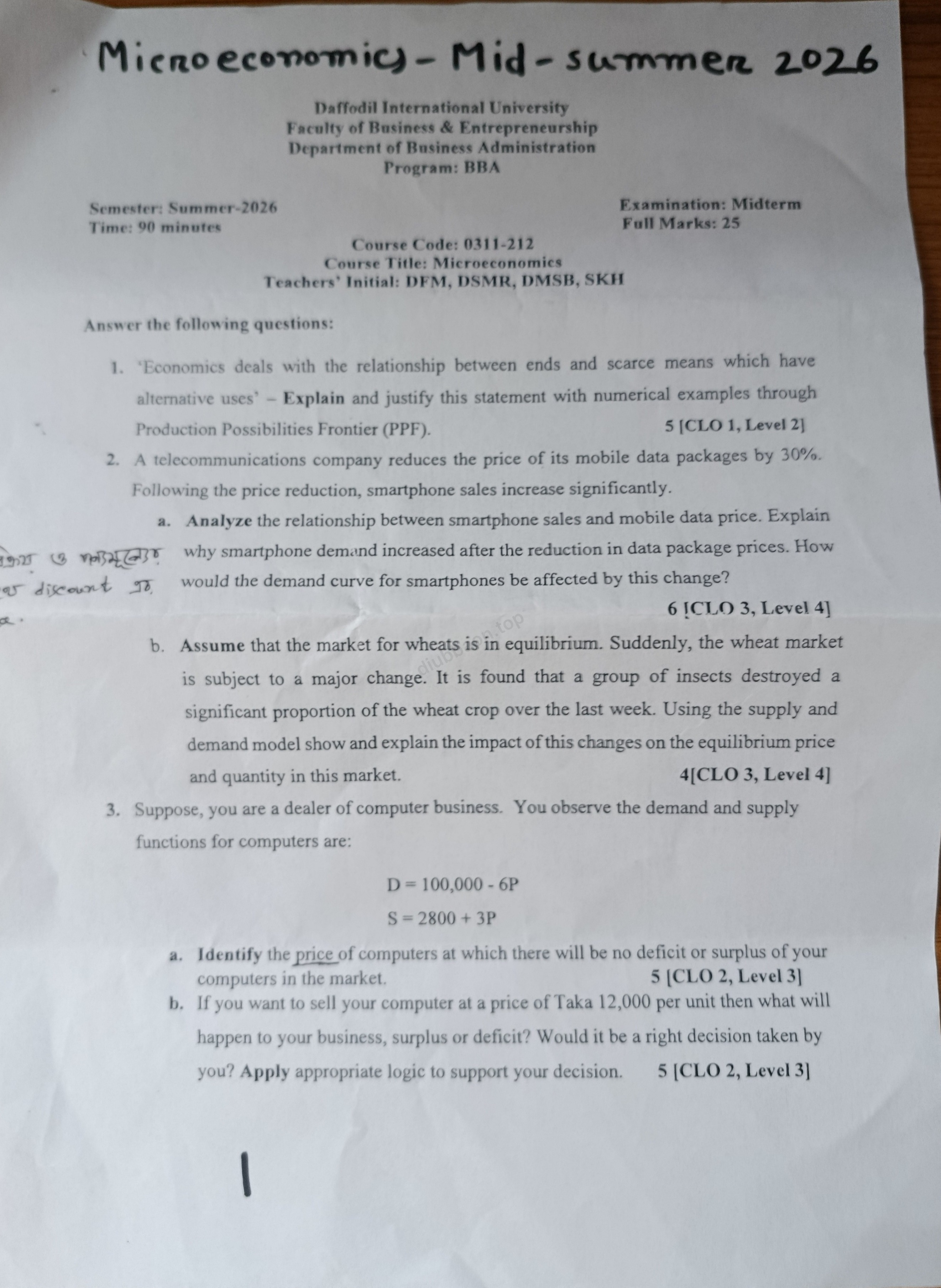 0311-212 – Microeconomics – Summer-2026 – BBA 70 – Midterm