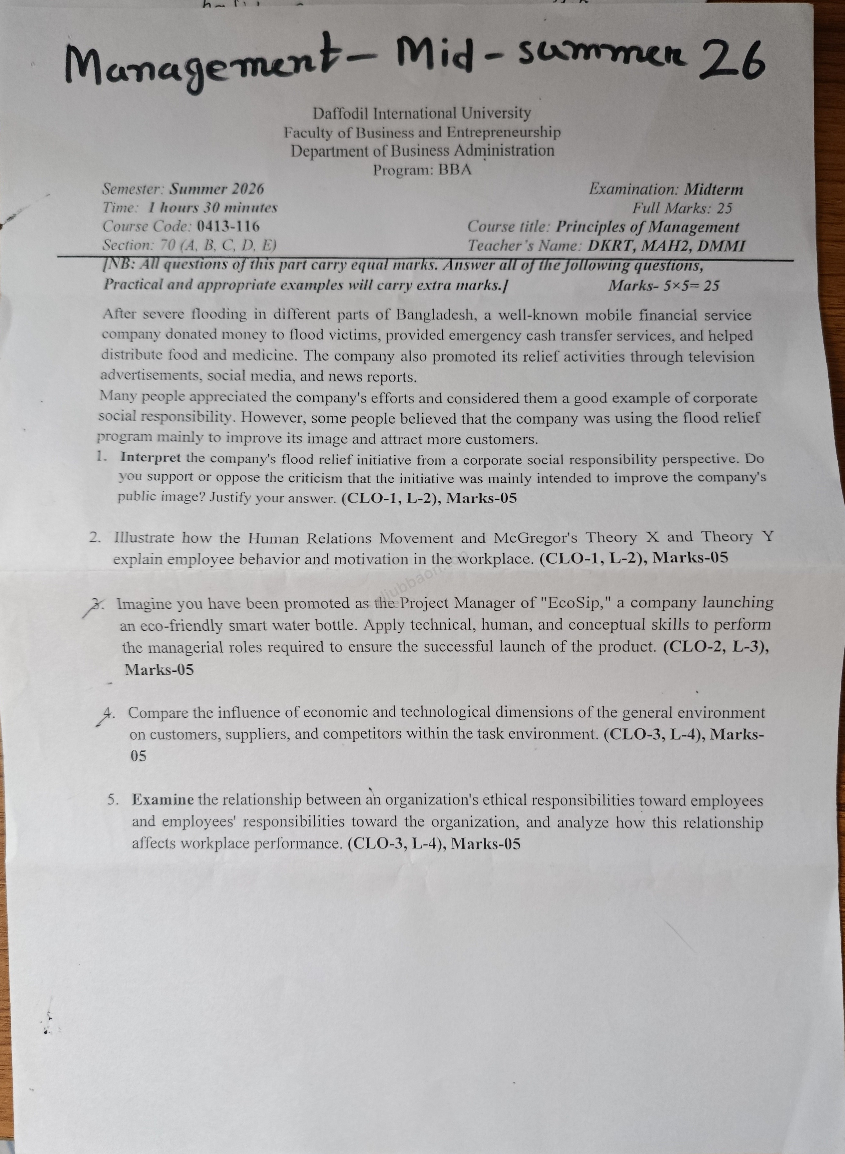 0222-114 – Principles of Management – Summer 2026 – BBA 70 – Midterm