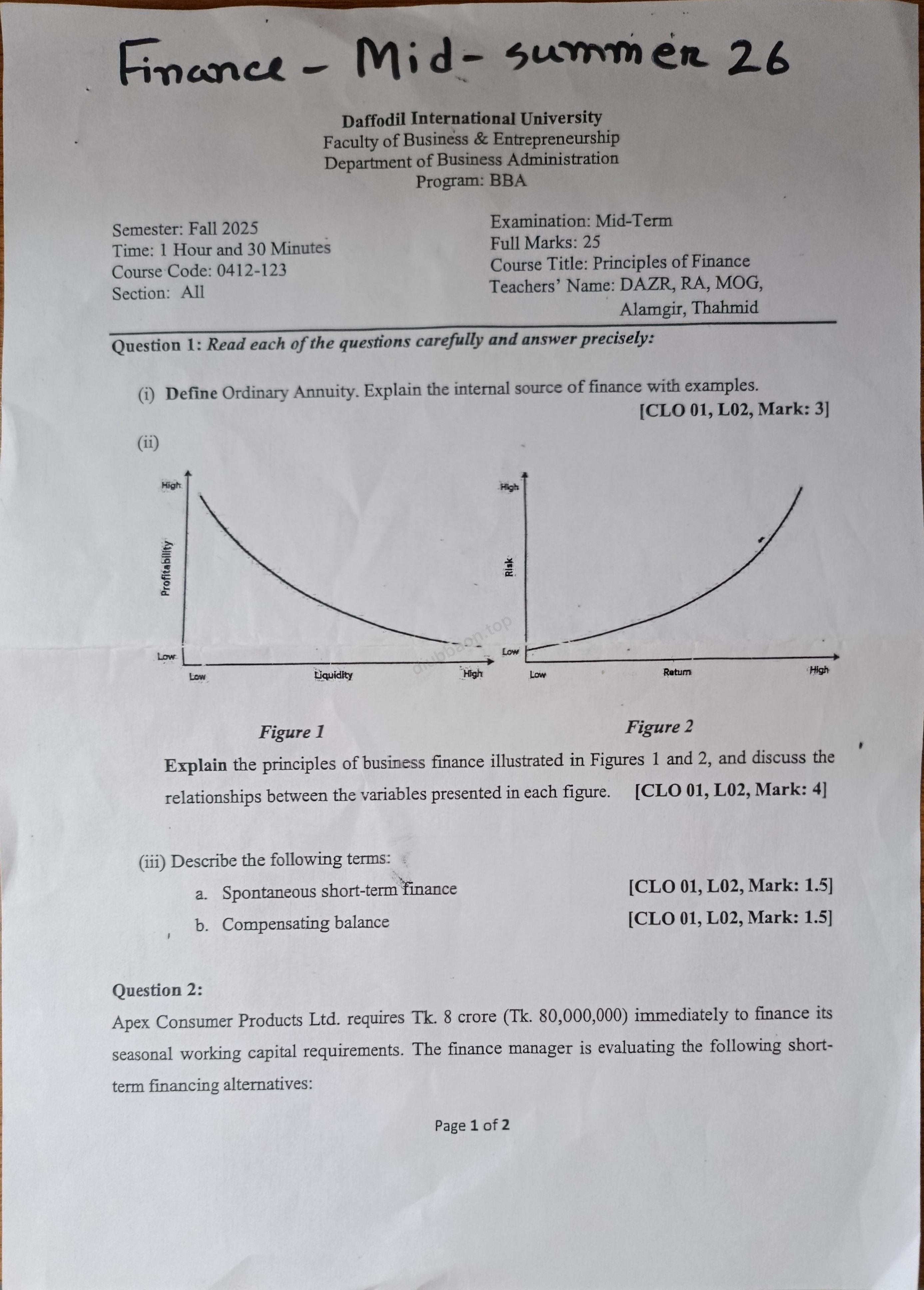 0412-123 – Principles of Finance – Fall 2025 – BBA 70 – Midterm — page 1