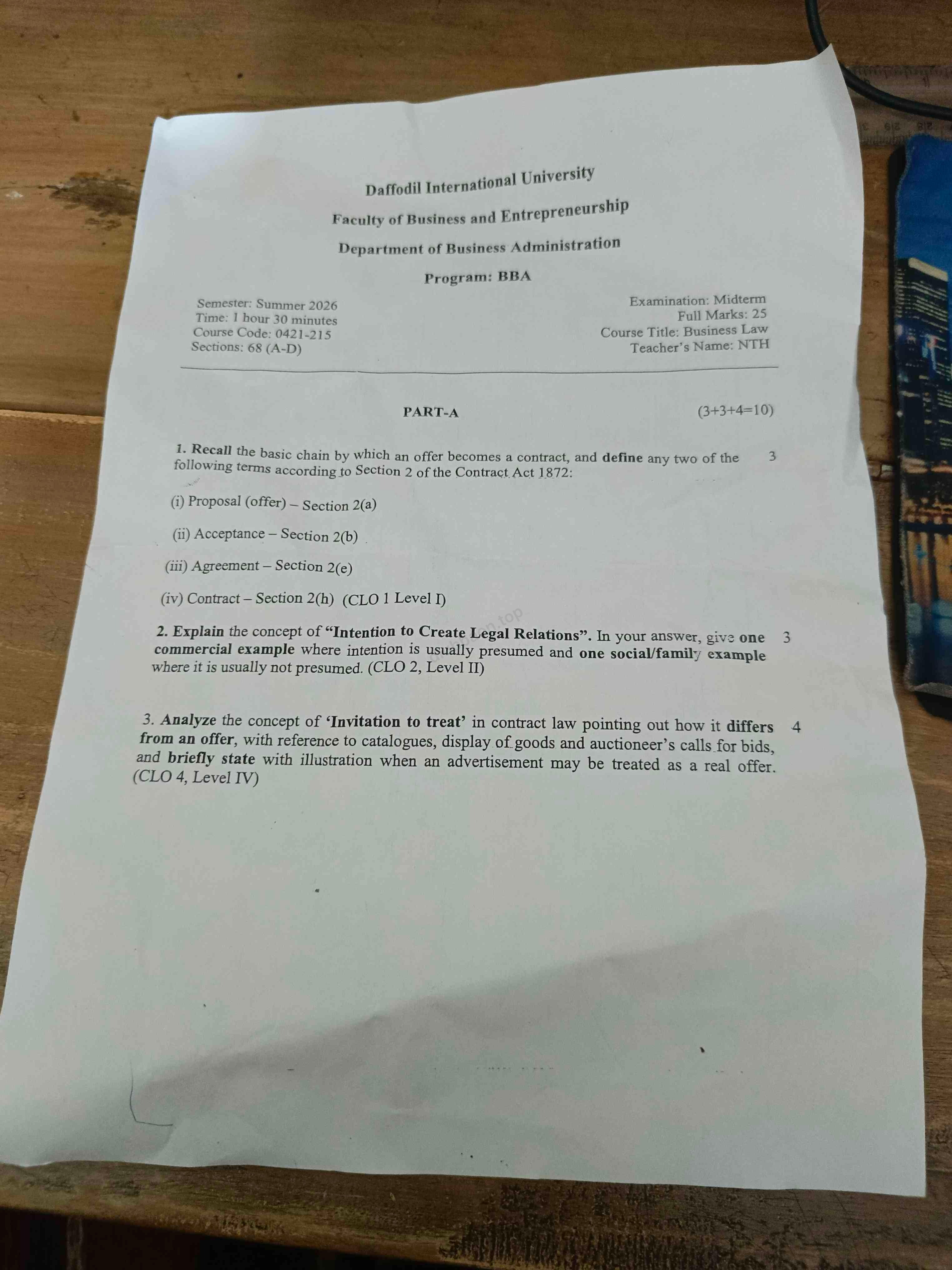 0421-213 – Business Law – Summer 2026 – BBA 68 – Midterm — page 1