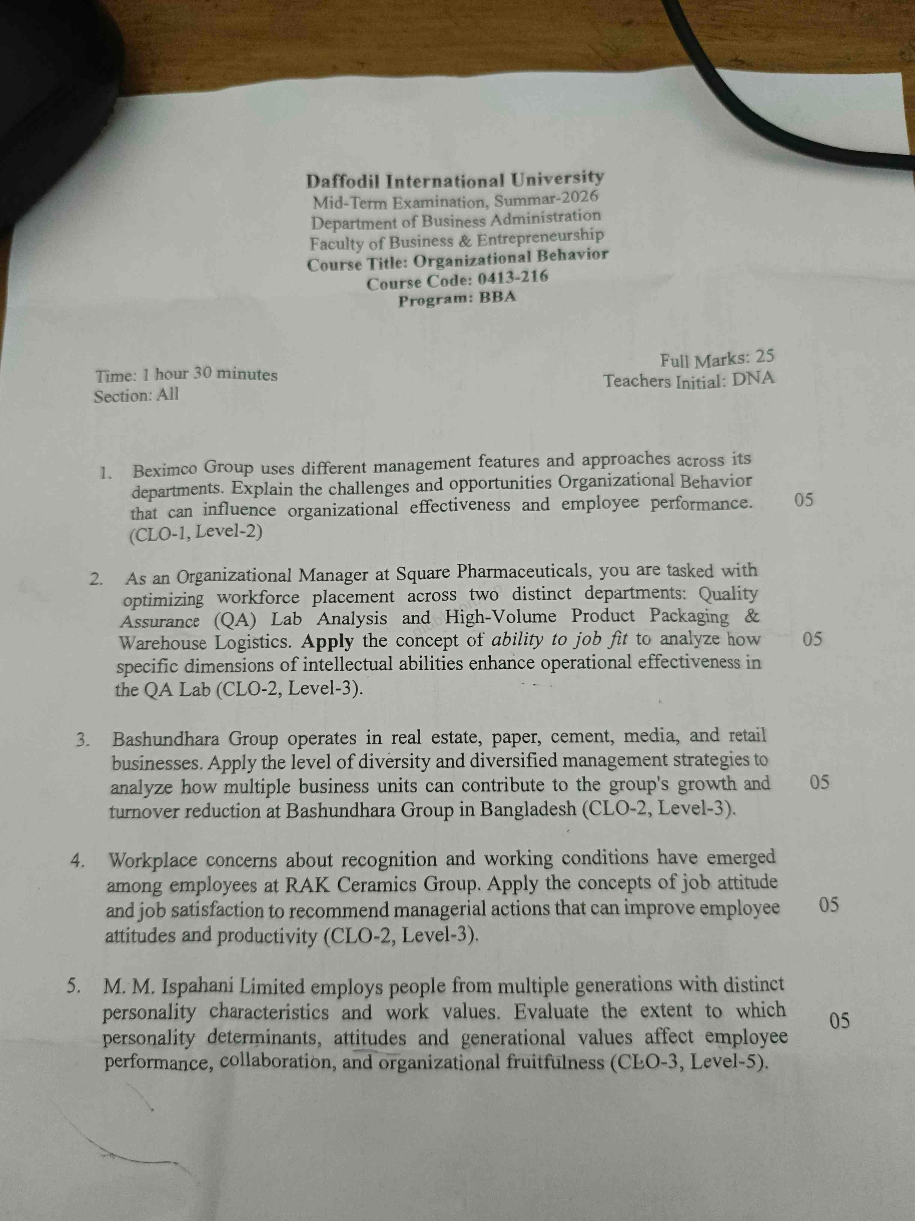 0413-216 – Organizational Behavior – Summar-2026 – BBA 68 – Midterm