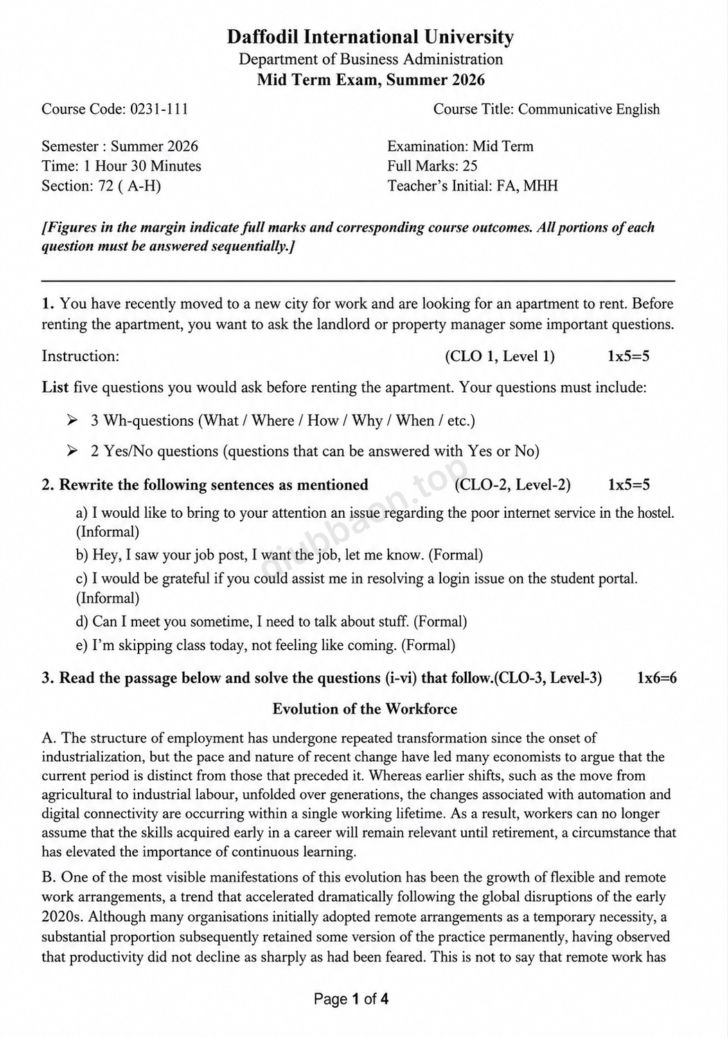 0231-111 – Communicative English – Summer 2026 – BBA 72 – Midterm — page 1