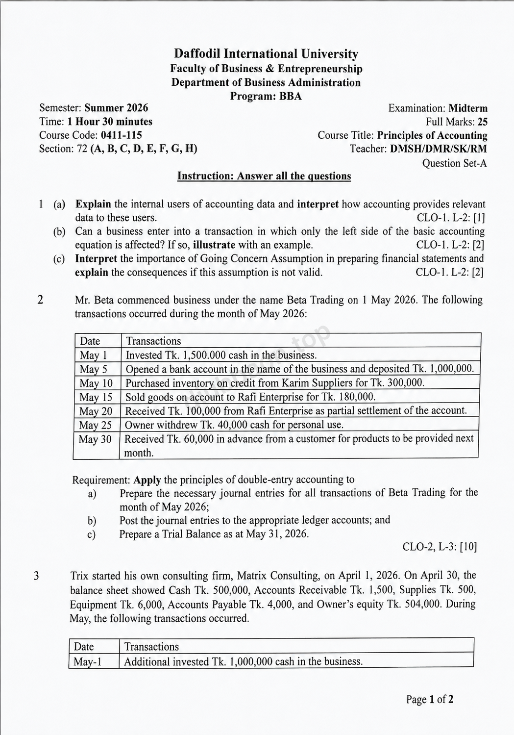 0411-115 – Principles of Accounting – Summer 2026 – BBA 72 – Midterm — page 1