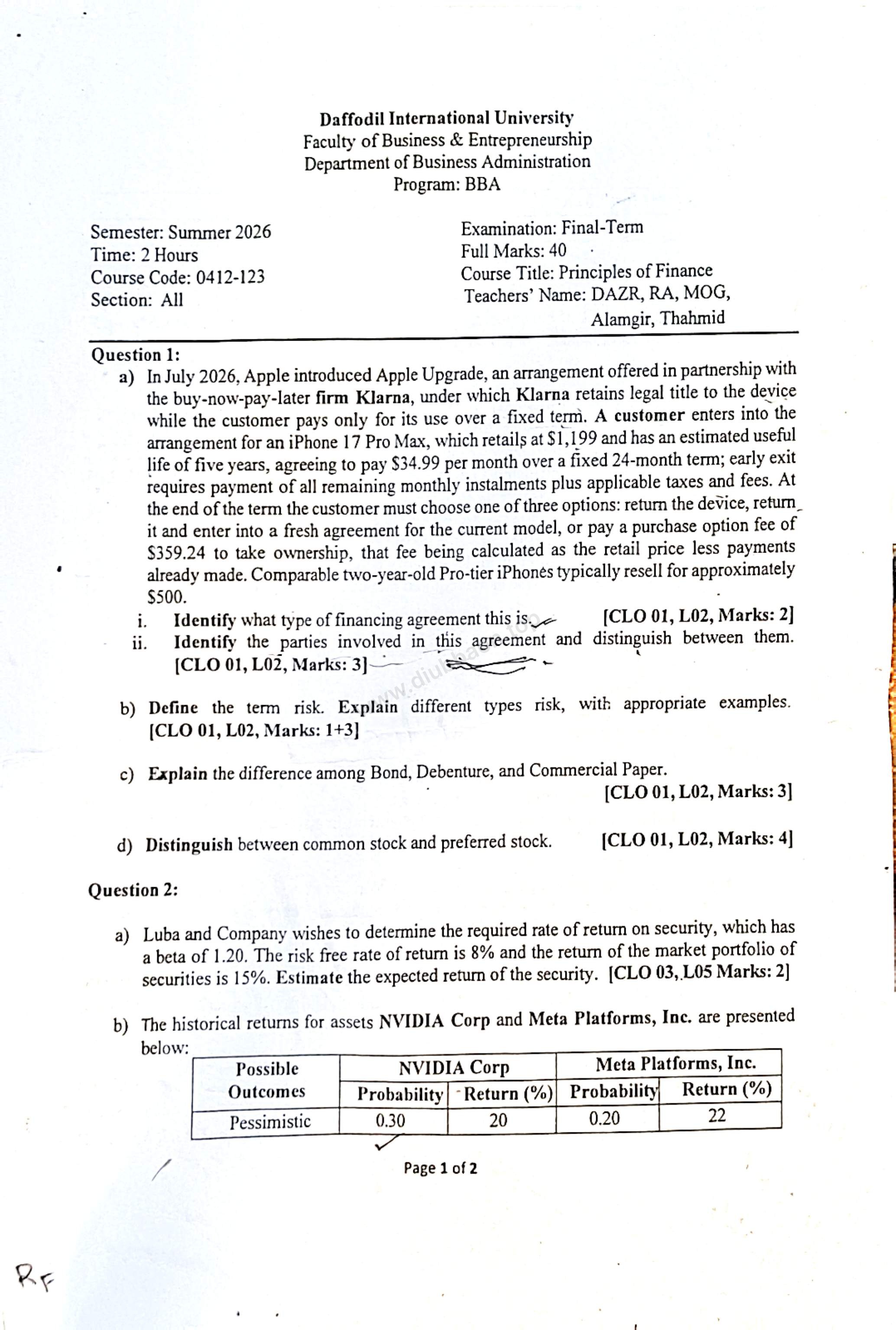 0412-123 – Principles of Finance – Summer 2026 – BBA 70 – Final — page 2