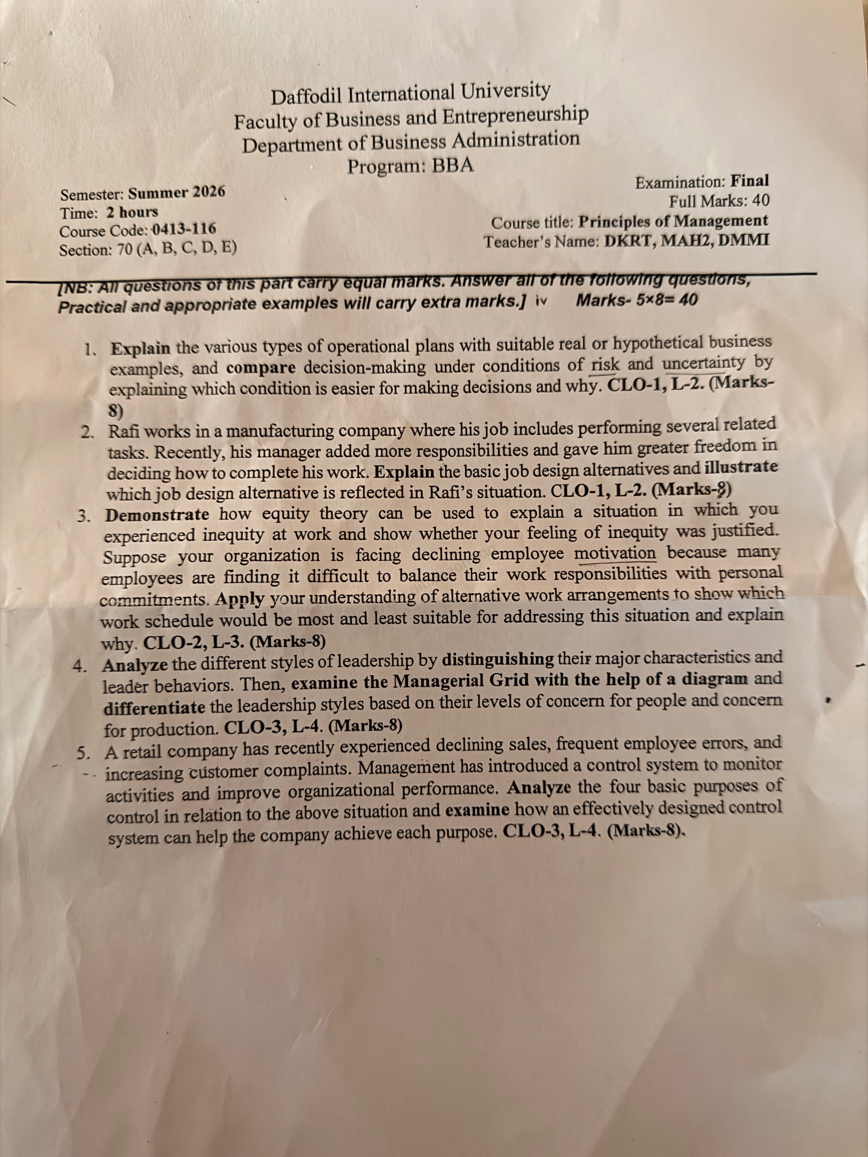 0413-116 – Principles of Management – Spring 2026 – BBA 70 – Final