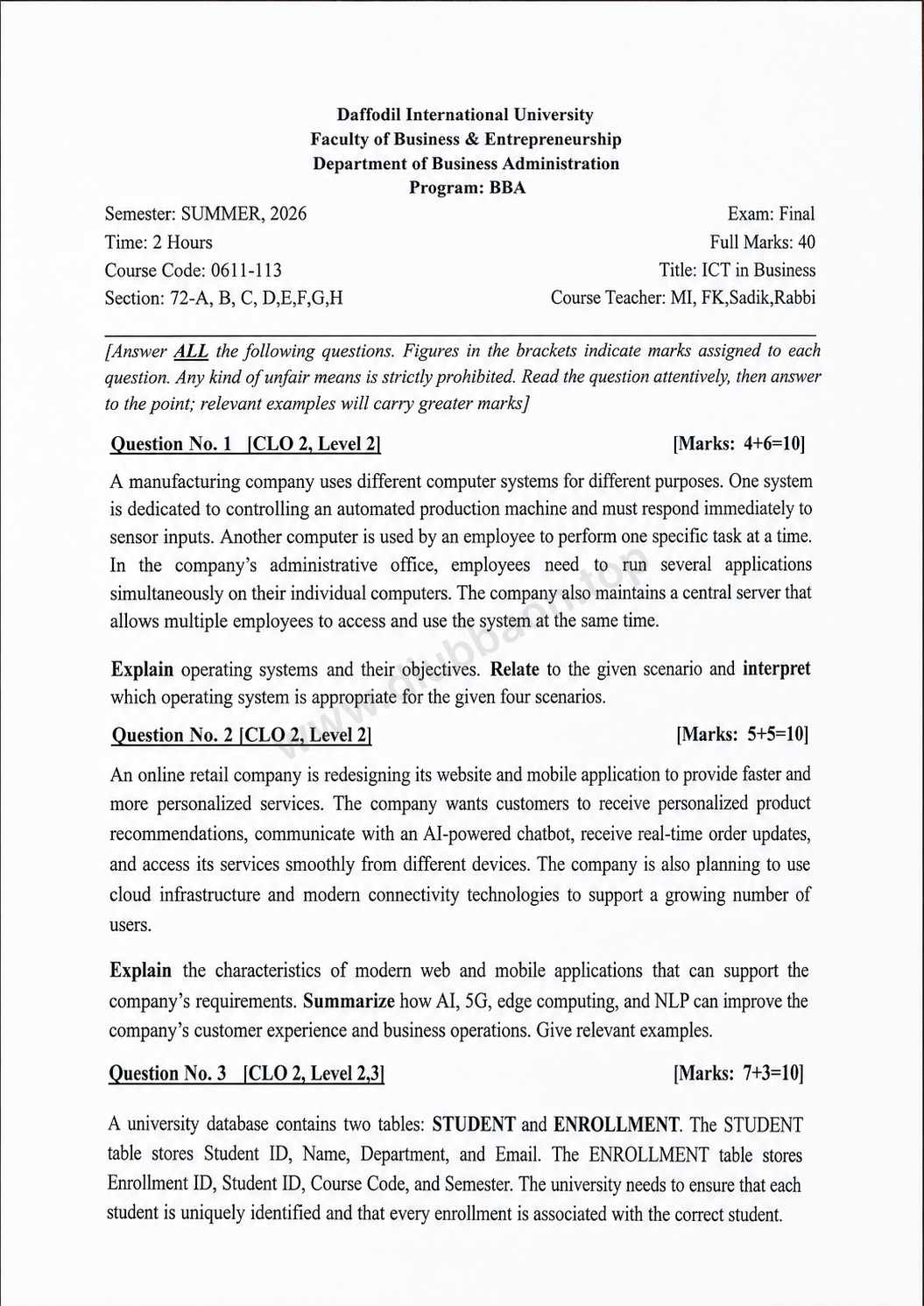 0611-113 – ICT in Business – SUMMER, 2026 – BBA 72 – Final — page 1