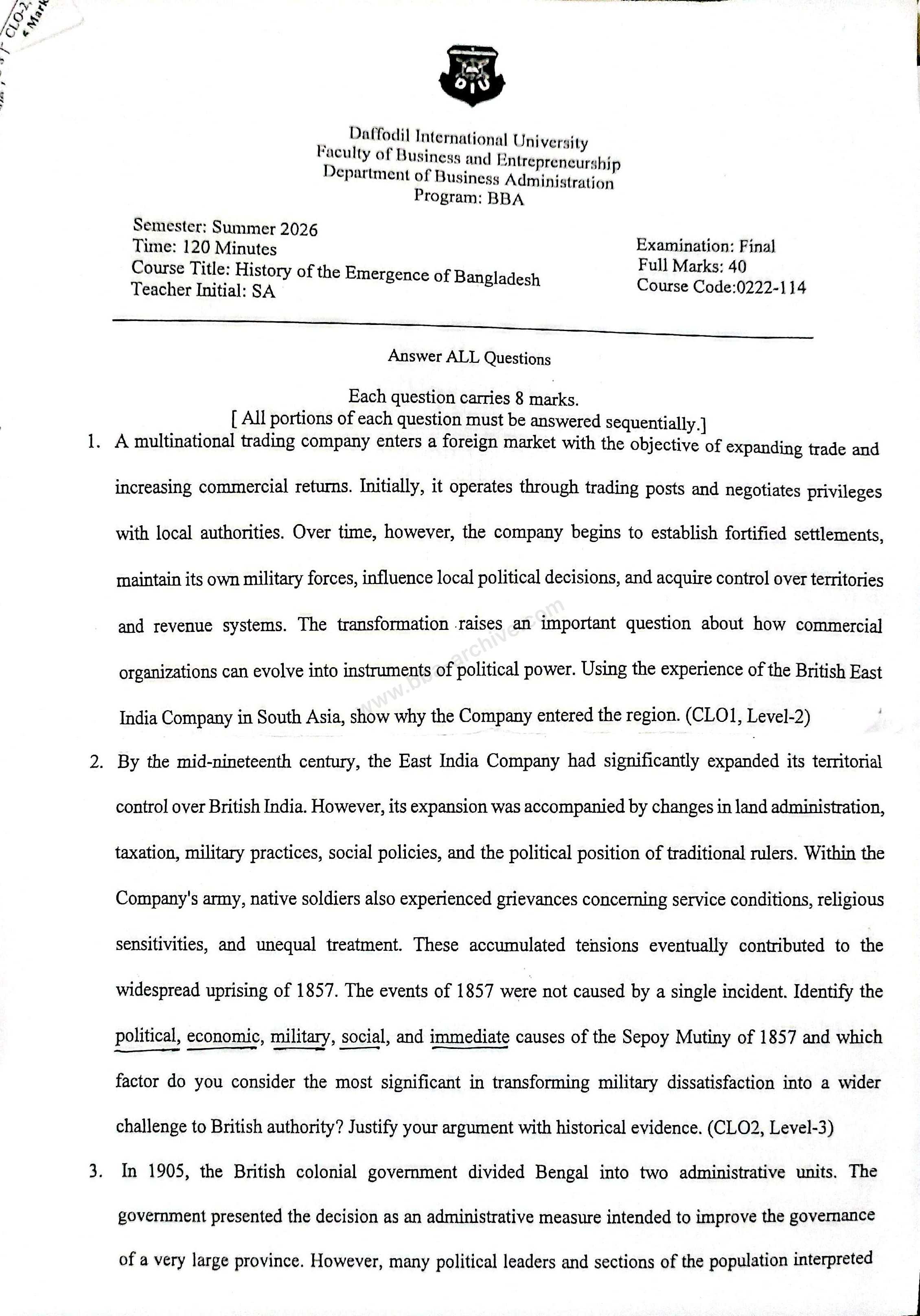 0222-114 – History of the Emergence of Bangladesh – Summer 2026 – BBA 71 – Final — page 1