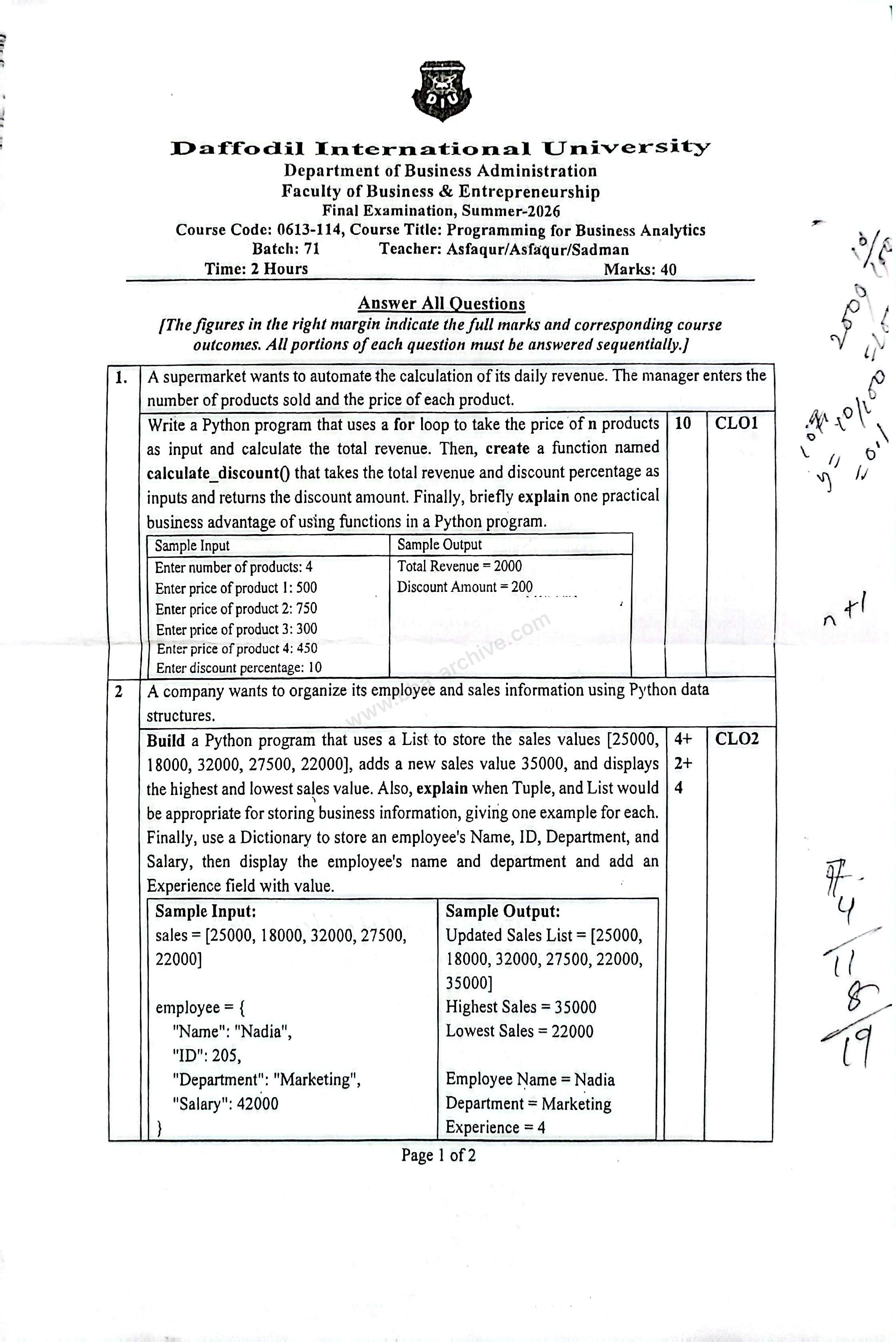 0613-114 – Programming for Business Analytics – Summer 2026 – BBA 71 – Final — page 1