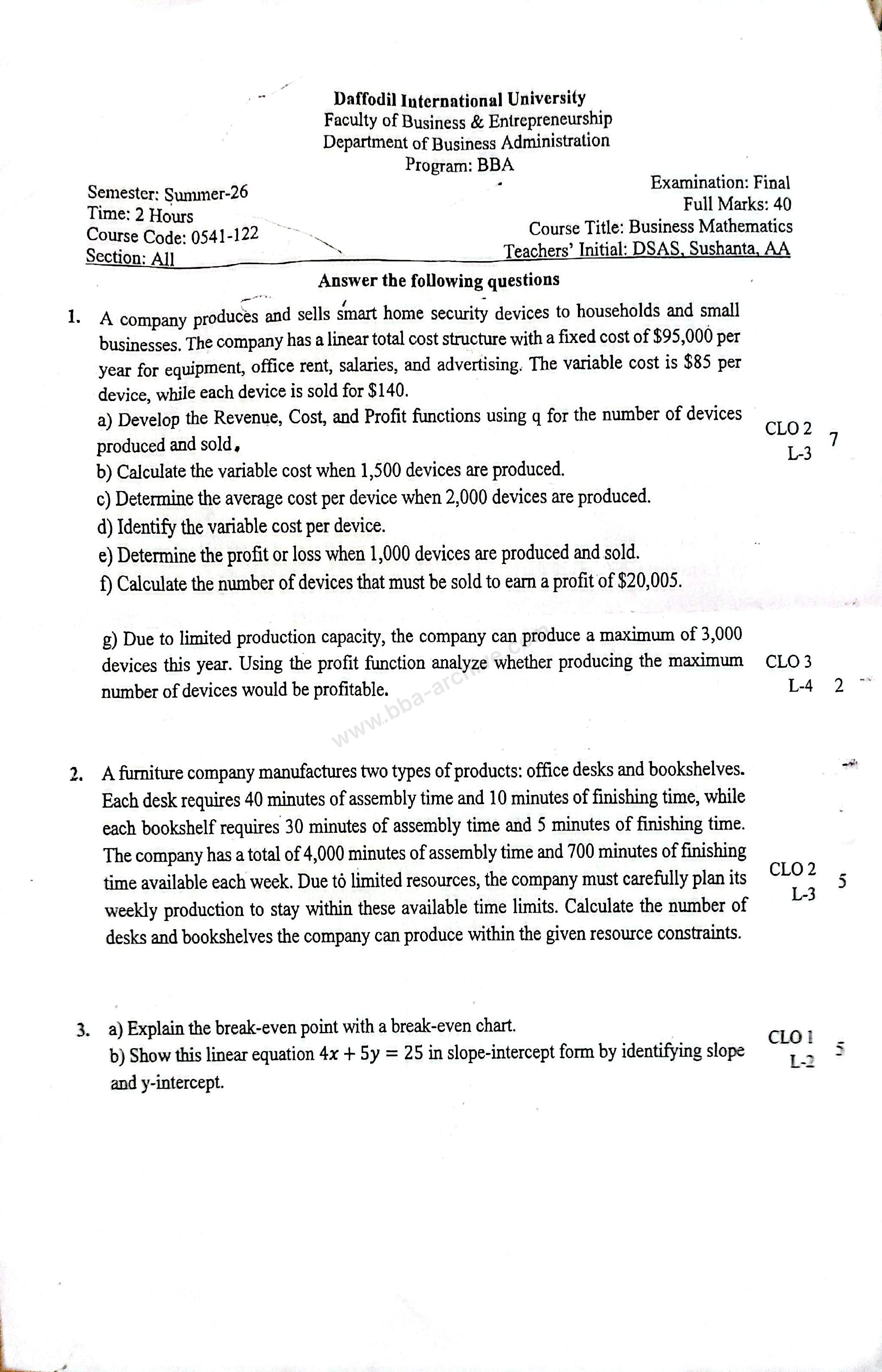 0541-122 – Business Mathematics – Summer 2026 – BBA 71 – Final — page 1