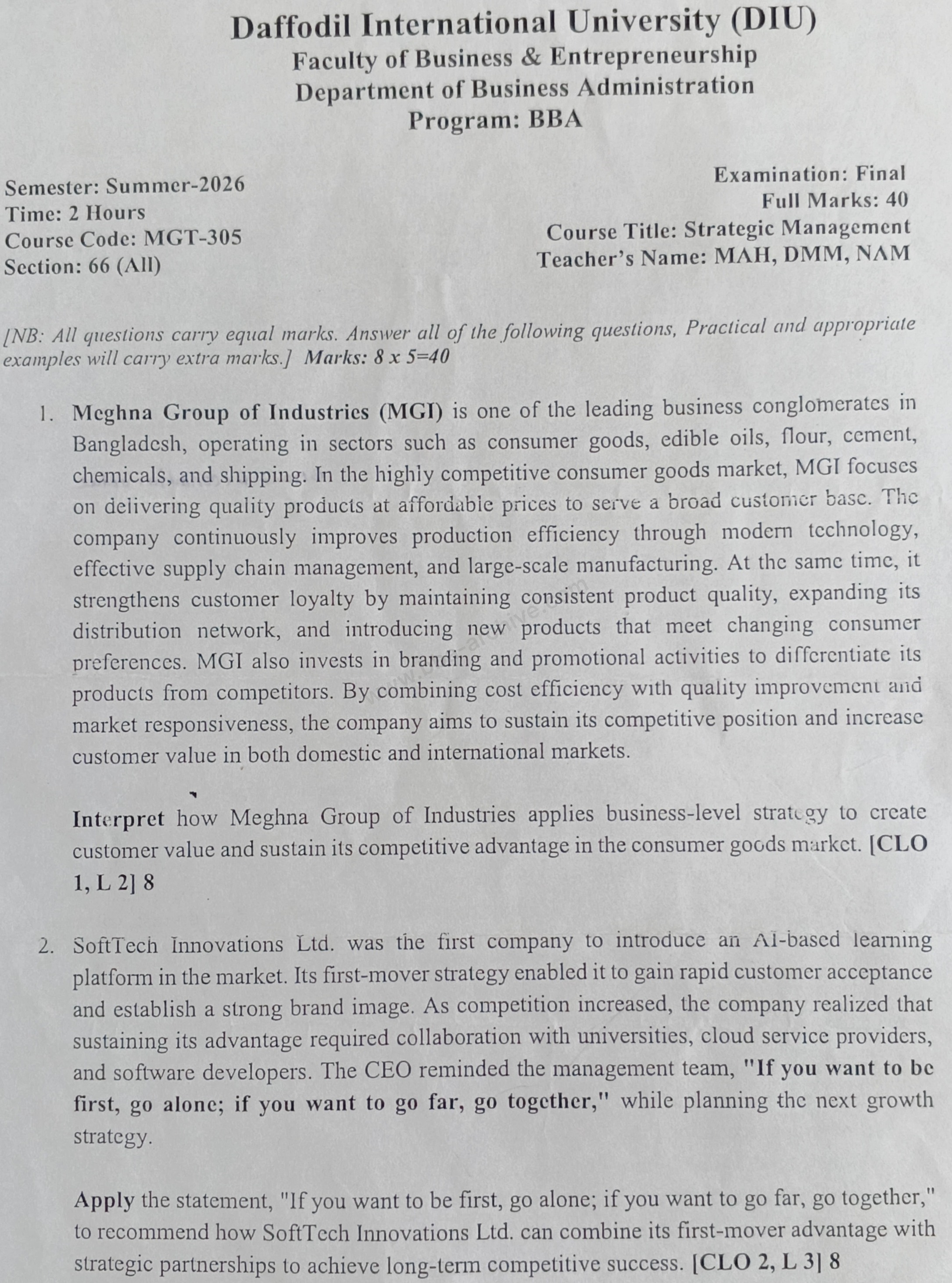 MGT-305 – Strategic Management – Summer 2026 – BBA 66 – Final — page 1