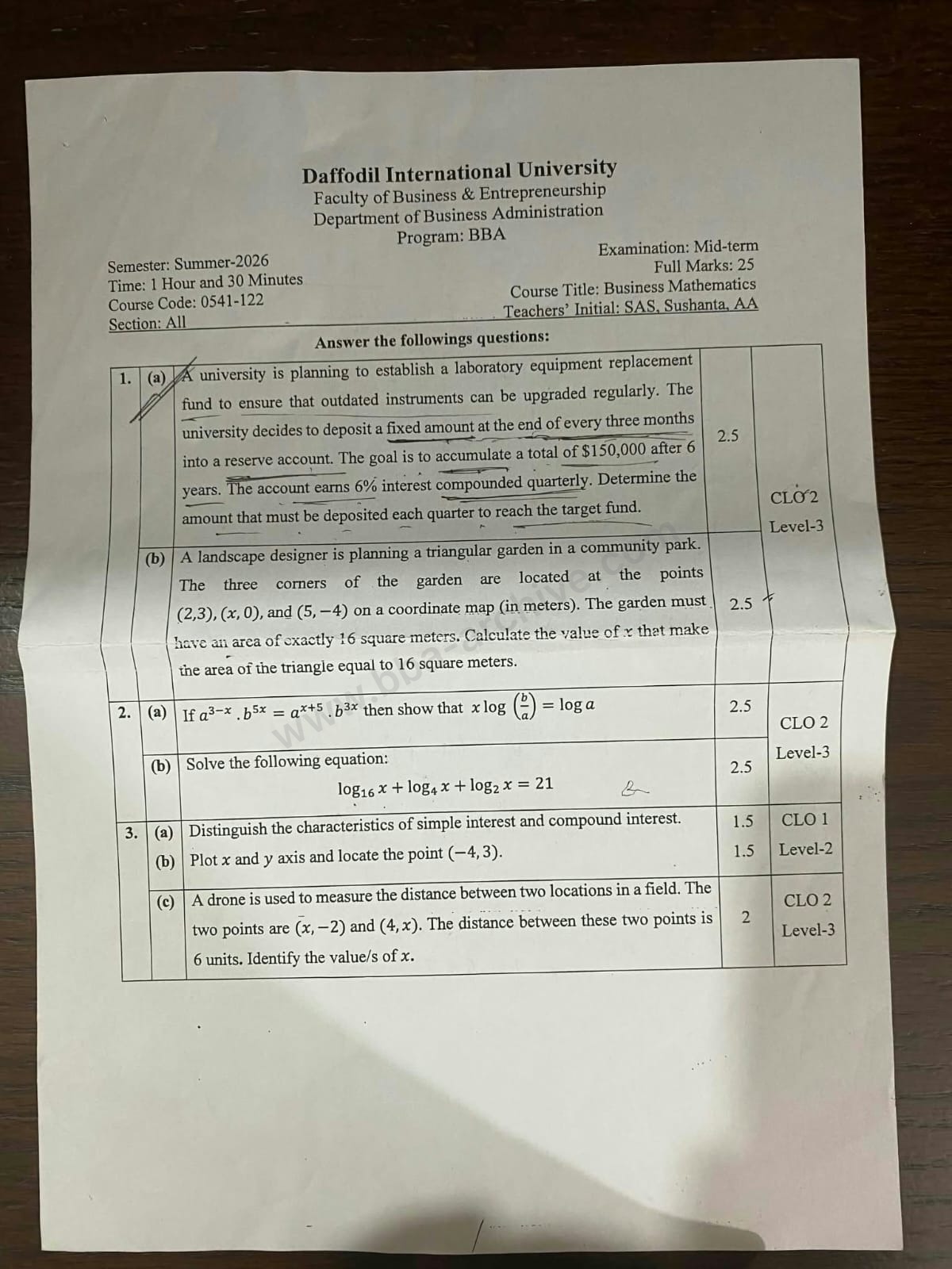 - Midterm Bba 71 Batch Question Paper PDF - DIU BBA